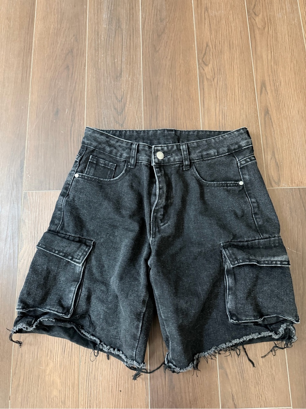 Women's Black Cargo Denim Shorts with Frayed Hem